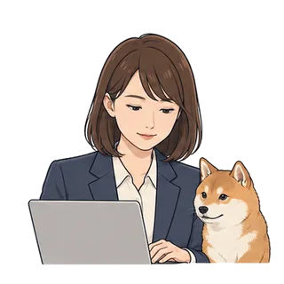 パソコンで集中して作業する女性と柴犬